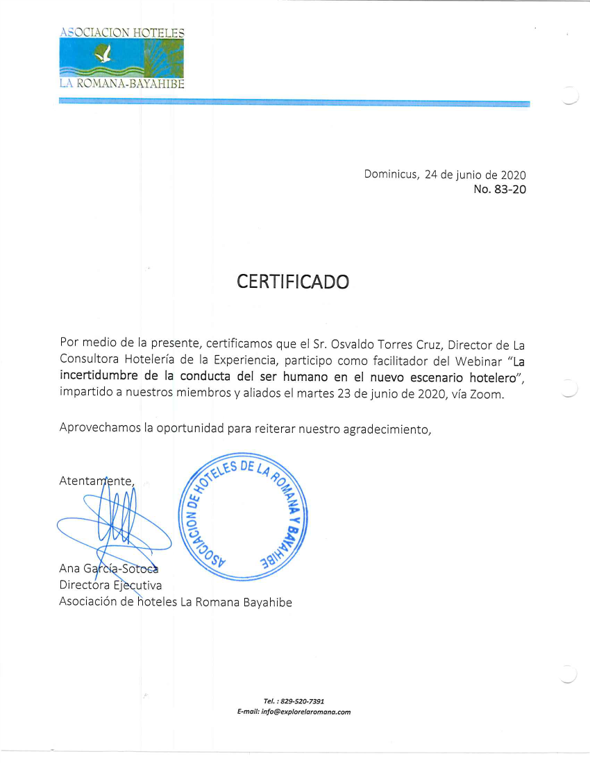 Certificado Asociación de Hoteles La Romana - Bayahibe